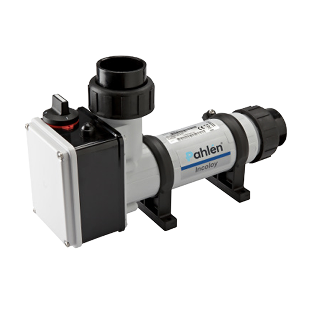 Pahlen Aqua Compact elektrikli havuz ısıtıcısı, titanyum ve incoloy rezistans seçenekleri ile teknik oda montajı.