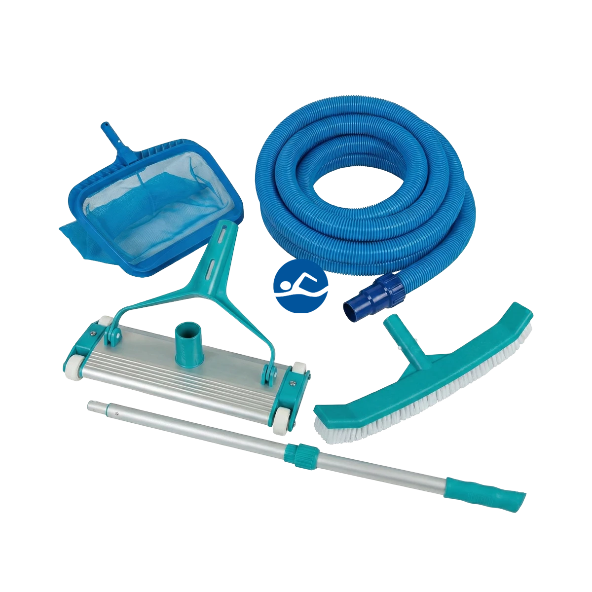 Havuz temizlik seti; vakum hortumu, süpürge başlığı, fırça, kepçe, teleskopik sap ve test kitinden oluşan 7 parçalı profesyonel ekipman paketi.